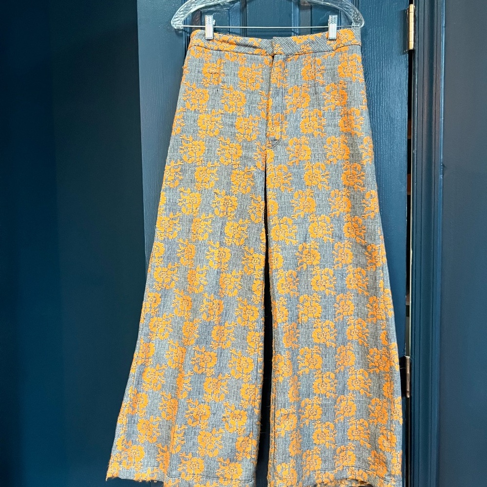 Free People Wide Leg Floral Jacquard Pants in Gray and Mustard